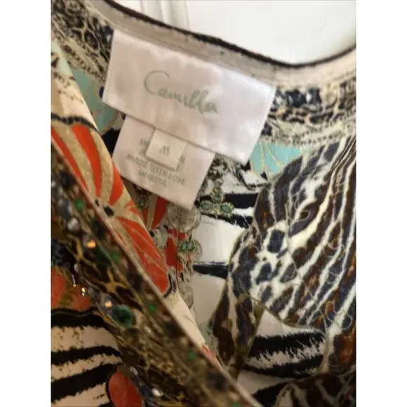 Camilla Womens BLACK WHITE Tiger Silk Romper Multi color sz Med pockets crystals - Picture 3 of 15